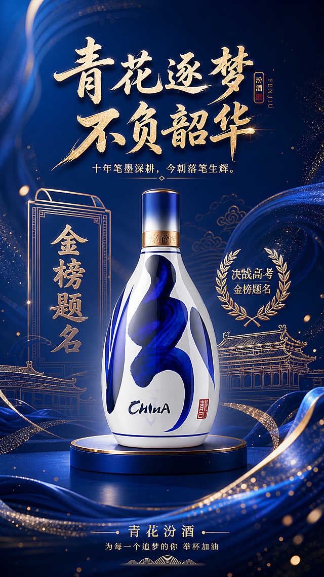 设计一张青花汾酒高考营销海报，主标题：青花逐梦 不负韶华，副标语：十年笔墨深耕，今朝落笔生辉。在青花蓝基础上增加少量鎏金层次，加入极简金榜、宫墙、桂冠线条元素，氛围感热烈，适合考前造势、门店氛围布置，包含青花汾酒产品，8k超清，营销属性强，采用竖向居中构图，突出产品展示效果