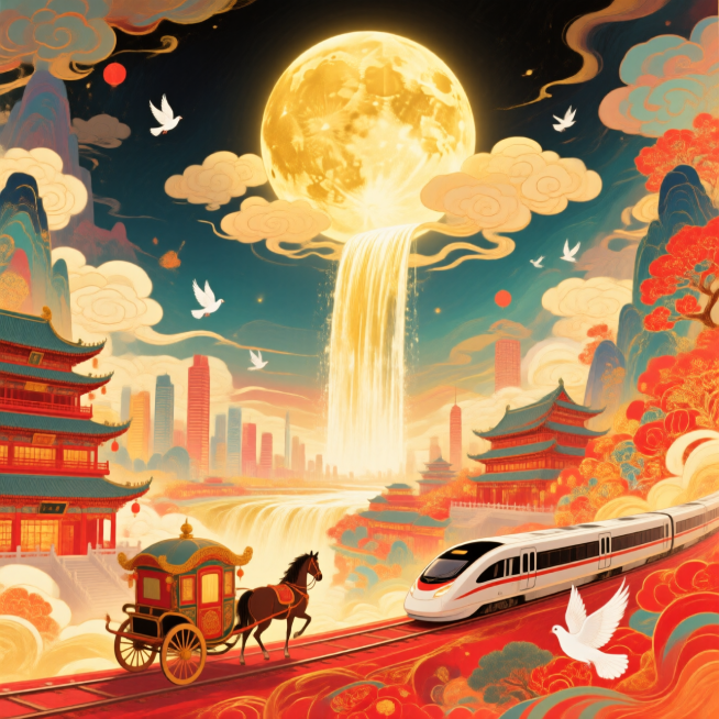月光如金色的瀑布从圆月（占满画面2/3）上倾泻到底部的全景大地上（马车、动车分别行驶在古建筑和城市间），画面带有发光效果，白鸽飞过，整体画面充斥着华丽的金色和喜庆的红色，奇幻色彩和光影变化，具有丰富的预览效果
