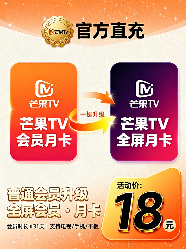 主题：芒果 TV 会员升级促销海报（适配闲鱼平台）
背景：暖橙 + 米白柔和渐变，叠加细微星光纹理，顶部添加带有芒果 TV Logo 的金色质感徽章，徽章右侧文字为 “官方直充”
主体元素：
左侧卡片：活力橙红色渐变，圆角矩形，中间是白色芒果 TV Logo，下方文字为 “芒果 TV 会员月卡”，字体加粗
右侧卡片：深紫 + 玫红渐变，圆角矩形，中间是白色芒果 TV Logo，下方文字为 “芒果 TV 全屏月卡”，字体加粗
连接箭头：带有光效的橙黄渐变弧线箭头，连接左右两张卡片，箭头中间标注 “一键升级” 小字
文案排版：
左下角：加粗艺术字 “普通会员升级全屏会员・月卡”，字体为浅金色描边
左下角下方：小字 “会员时长≥31 天 | 支持电视 / 手机 / 平板”
右下角：圆角梯形活动价模块，背景为橙黄渐变，立体黑金配色数字 “18”，右侧标注 “元”，模块顶部文字为 “活动价：”
细节要求：整体风格明亮醒目，色彩对比清晰，文字信息层级分明，符合电商引流视觉习惯