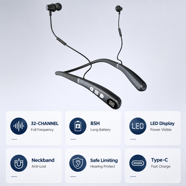 [主图-2] Core selling points features display for neck-hanging hearing aid.
[氛围风格] Professional tech s预览效果