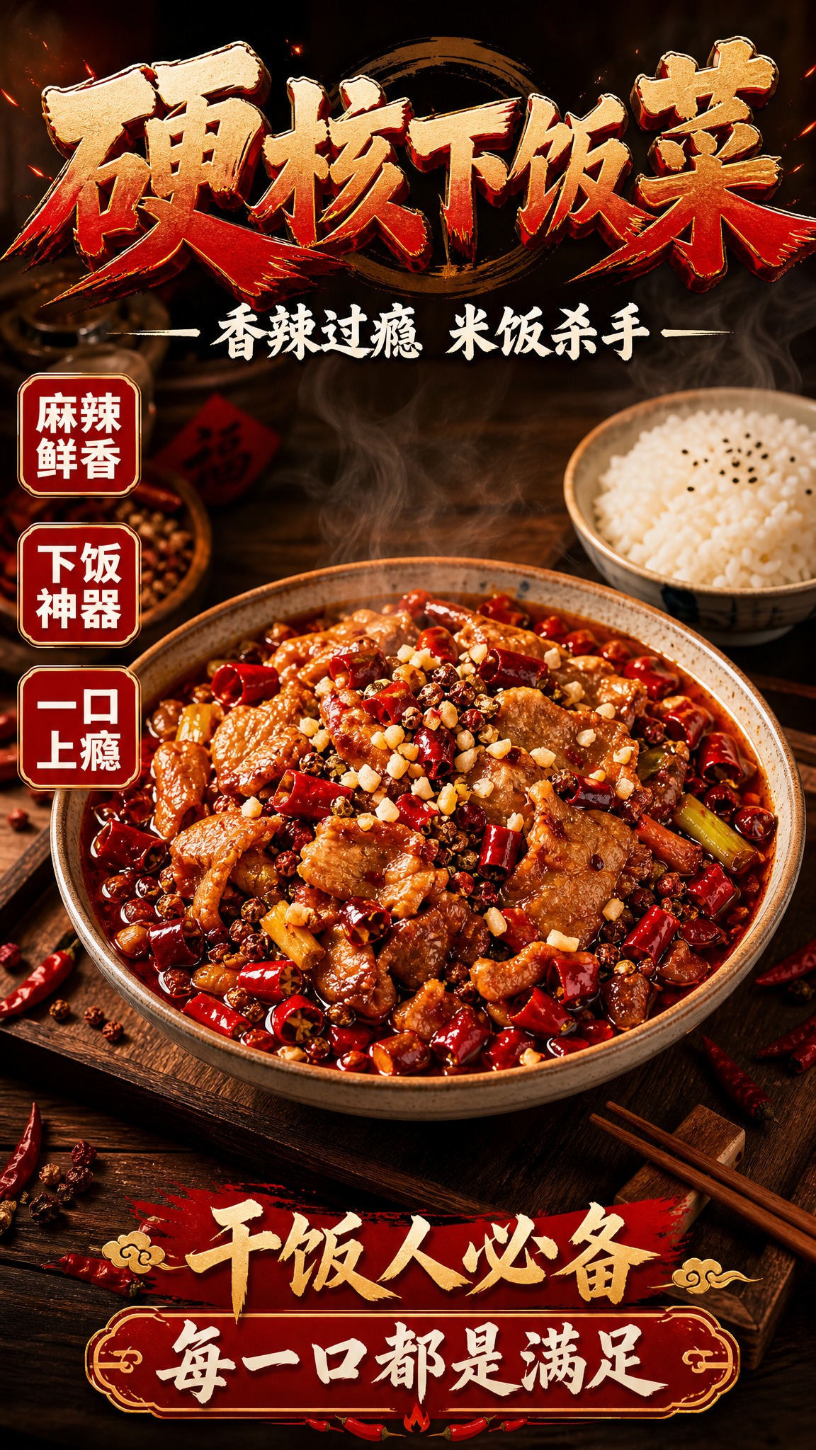 一张硬核下饭菜主题的美食海报，写实商业摄影风格，画面中央是一大… - 图片创意预览