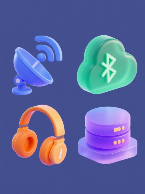 四个具有相同3D立体图标风格、同类目电子科技设备元素的系列素材集合，每个元素内容完全不同，分别为蓝色系Wi-Fi信号卫星接收器、绿色系蓝牙符号耳机、橙色系充电电池和紫色系云存储服务器，均采用光滑圆润的几何体造型、半透明渐变高光、清晰边缘阴影和纯色背景，整体呈2x2网格规整排布，每个图标保持相同大小比例和简洁现代的设计语言，画面色彩明快且区分鲜明。预览效果