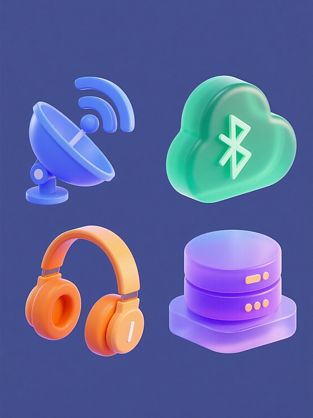 四个具有相同3D立体图标风格、同类目电子科技设备元素的系列素材集合，每个元素内容完全不同，分别为蓝色系Wi-Fi信号卫星接收器、绿色系蓝牙符号耳机、橙色系充电电池和紫色系云存储服务器，均采用光滑圆润的几何体造型、半透明渐变高光、清晰边缘阴影和纯色背景，整体呈2x2网格规整排布，每个图标保持相同大小比例和简洁现代的设计语言，画面色彩明快且区分鲜明。