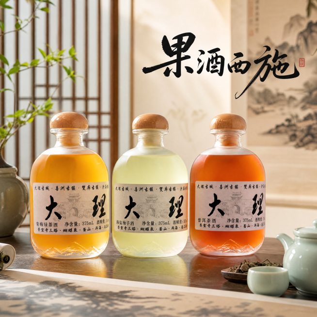产品精修与logo融合设计：将三瓶果酒（青梅绿茶酒、海盐柚子酒、普洱茶酒）精修后置于画面左侧；右侧上方显著位置融入‘果酒西施’黑色手写书法logo（字形突出、墨韵饱满，居中偏上，不被遮挡）；背景为典雅预览效果