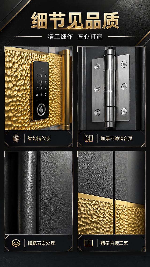 [商品] 使用【图1】全铝别墅大门，做细节微距展示；保留产品所有细节特征；商品处理：放大关键部位，增强细节清晰度与金属质感，突出工艺精细度。
[画面] 目标：关键细节放大展示，体现工艺品质。构图：2x2细节宫格布局，每格一个细节特写。景别：微距/特写，展示细节纹理与工艺。前中后景：前景细节主体、中景深灰过渡、后景深色背景。每个宫格展示：智能锁细节、合页/铰链细节、铝材表面纹理、拼接缝隙工艺。阅读动线：从上至下逐格阅读。
[视觉] 套系策略：风格=高端轻奢工业风商业摄影；标题字=粗黑体厚重有力；正文字=简洁无衬线体；主色=深炭灰；背景延展=基于深炭灰做深浅层级、同色渐变和金属/石材质感延展；强调色=古铜金，仅用于小面积图标、引线、标签和装饰线条；标题色=古铜金；正文色=浅暖灰；组件=深色金属质感信息卡、细金线引线、几何图标；光影=侧光突出纹理与立体感，微距清晰锐利。
[文字] 顶部主标题「细节见品质」，副标题「精工细作 匠心打造」，每个细节下方标注说明：「智能指纹锁」「加厚不锈钢合页」「细腻表面处理」「精密拼接工艺」，文字横排于每格下方。
[规格] 图片比例9:16竖版，4K分辨率，负向提示：避免变形、错字、文字过小、细节模糊、噪点过多、颜色偏差、工艺细节失真。