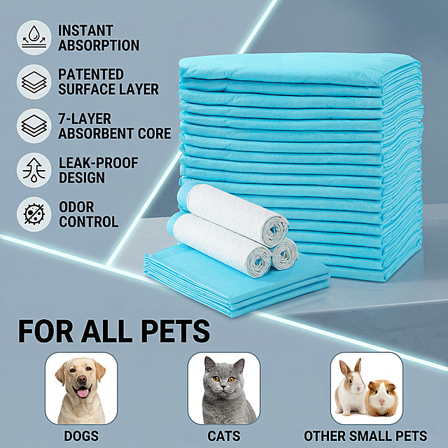 Generate a cross-border e-commerce listing image for disposable pet training pads. Keep the product exactly the same as the reference picture. Size 800x800, non-white background, European and American style, highlight the English text 'For All Pets', use slice effect layout without cutting the product, show the wide application for dogs, cats and other small pets.