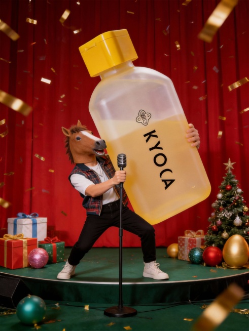 围绕模特构图，带棕色马头面具的模特（时尚年轻的穿搭）手持超级巨大化的产品摆出活泼的姿势握着前面的立麦在一个舞台上，舞台上搭配礼盒、彩球、圣诞树和金蛋，周围飘着金色彩带制造氛围；综艺宣传风格，背后的红幕预览效果