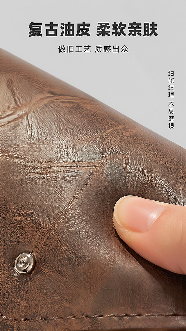 [第5屏] 材质细节微距展示屏-复古棕色油皮材质近距离展示。
[氛围/风格] 质感特写风，浅灰色背景，突出皮革材质自然纹理，商业微距摄影。
[元素布局] 画面主体为眼镜盒表面皮革材质微距特写，占据画面70%以上区域，保留原产品做旧油皮纹理、不规则褶皱和自然质感，颜色保持棕色复古做旧效果与原图一致，右下角加入手指轻轻按压皮革，展示皮革柔软质感，体现软包特性。
[光影质感] 侧光打亮皮革纹理，形成自然明暗反差，纹理凹凸清晰可见，质感真实突出。
[配色色系] 全局底色：#f0f0f0；主体皮革棕色#8B6E4F，手指自然肤色，文字深色#333333。
[视角构图] 微距特写视角，聚焦皮革表面，焦点清晰，景深适中，突出材质细节。
[文字版式] 顶部主标题「复古油皮 柔软亲肤」黑色粗体；副标题「做旧工艺 质感出众」黑色常规字，主标题下方居中摆放；右侧竖排标注「细腻纹理 不易磨损」，文字不遮挡核心特写区域。
[比例分辨率] 9:16竖版比例，4K分辨率，文字清晰可辨，超高清。
[负向提示词] 纹理模糊，材质失真，颜色偏差，手指变形，文字遮挡主体，水印，违规表达。
