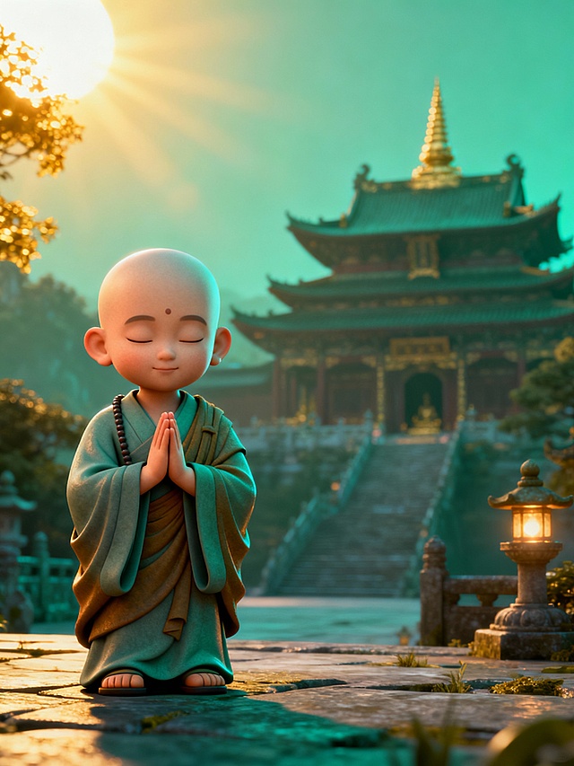 小和尚占整图比例的1/4，位于左侧，背景图片调亮，左上角有阳光照进来，背景图有金色阳光