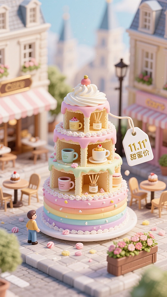 3D微缩艺术风，粘土质感甜品塔，梦幻糖果色系，温馨街景背景，趣味小人互动，营造甜蜜可爱氛围，呼应11.11甜蜜价节日主题。