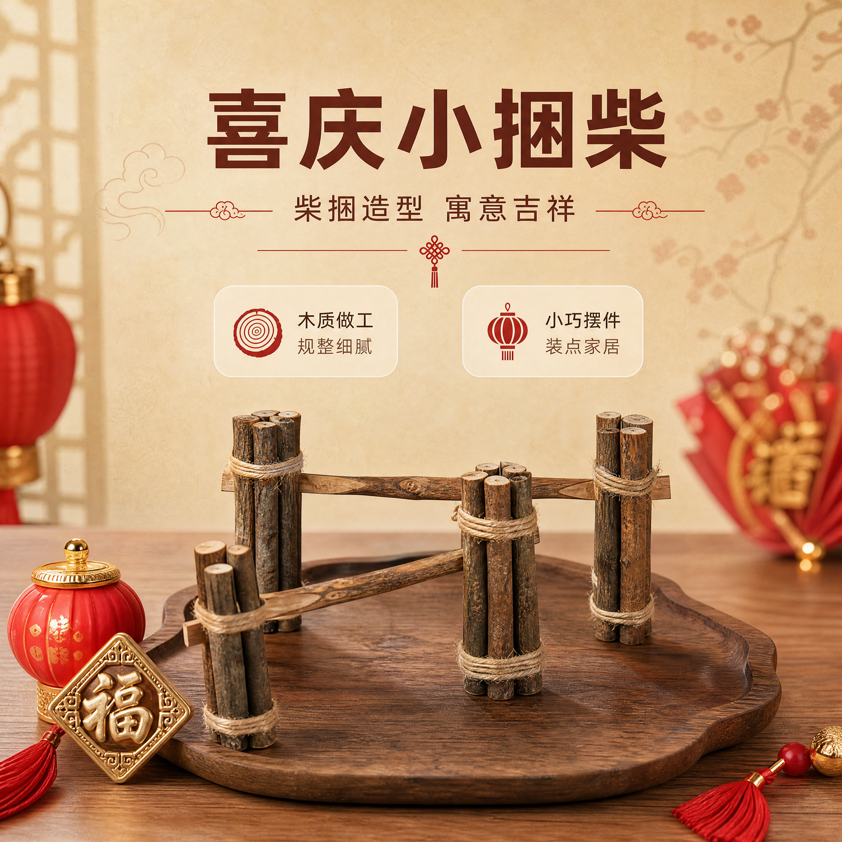 [商品] 使用【图1】喜庆小捆柴摆件；保留木质柴捆结构、麻绳捆… - 图片创意预览