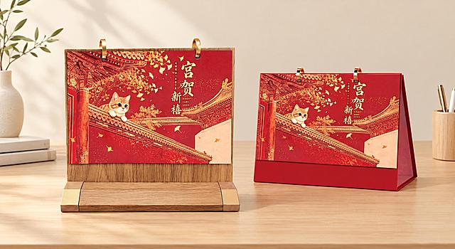 去除原图所有背景和文字标注，仅保留宫贺新禧A、B两款台历实物，搭配简约背景：浅米色墙面搭配浅木色桌面，柔和自然光，简约商务风格，两款台历错落摆放，突出台历主体，适合发给客户做实物展示，保持台历细节不变