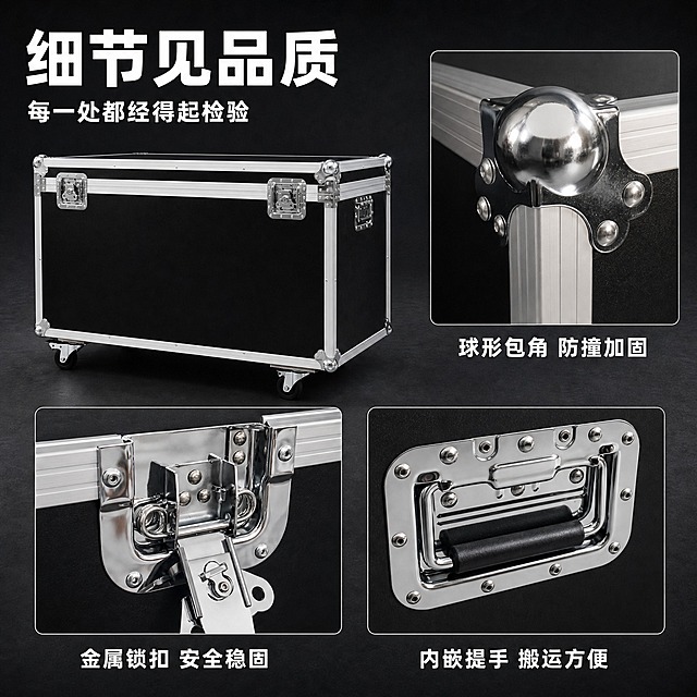[主图-3] 航空箱 细节特写拼贴图，展示核心部件细节品质。
[统一基调] 工业硬朗商业风格，深灰色背景，主标题白色粗黑体，细节小窗带细银色边框，整体高端专业感。
[画面] 左侧主画面为航空箱整体侧前视，占画面约55%，展示完整箱体形态。右侧和下方分布3个细节特写小窗，呈品字形排列：上方小窗展示金属球形包边角的大特写，清晰展现抛光金属质感和铆钉固定结构；左下方小窗展示金属锁扣的大特写，展现弹簧结构和锁扣精密做工；右下方小窗展示内嵌式提手的大特写，展现提手收放结构和金属边框。每个小窗下方配短标题说明。顶部左侧放主标题。
[光影质感] 商业摄影特写质感，主画面光线均匀，细节特写有针对性打光，金属表面高光清晰，纹理细节丰富，材质感真实强烈，每个小窗都有独立的光影表现。
[配色] 背景深灰色，主标题白色，小窗边框银色，小窗标题文字白色，箱体黑色配银色金属件，整体对比强烈有质感。
[文字版式] 顶部左侧主标题"细节见品质"，副标题"每一处都经得起检验"。三个细节小窗下方分别标注"球形包角 防撞加固""金属锁扣 安全稳固""内嵌提手 搬运方便"。小窗为带1px银色细边框的矩形，大小一致，间距均匀。字体统一为粗黑体，主标题最大，副标题和小窗标题字号较小。
[输出要求] 1:1正方形比例，文字清晰可读，细节特写锐利，金属质感真实，禁止变形、错字、模糊、杂乱、水印、平台Logo，小窗内产品细节清晰不模糊。