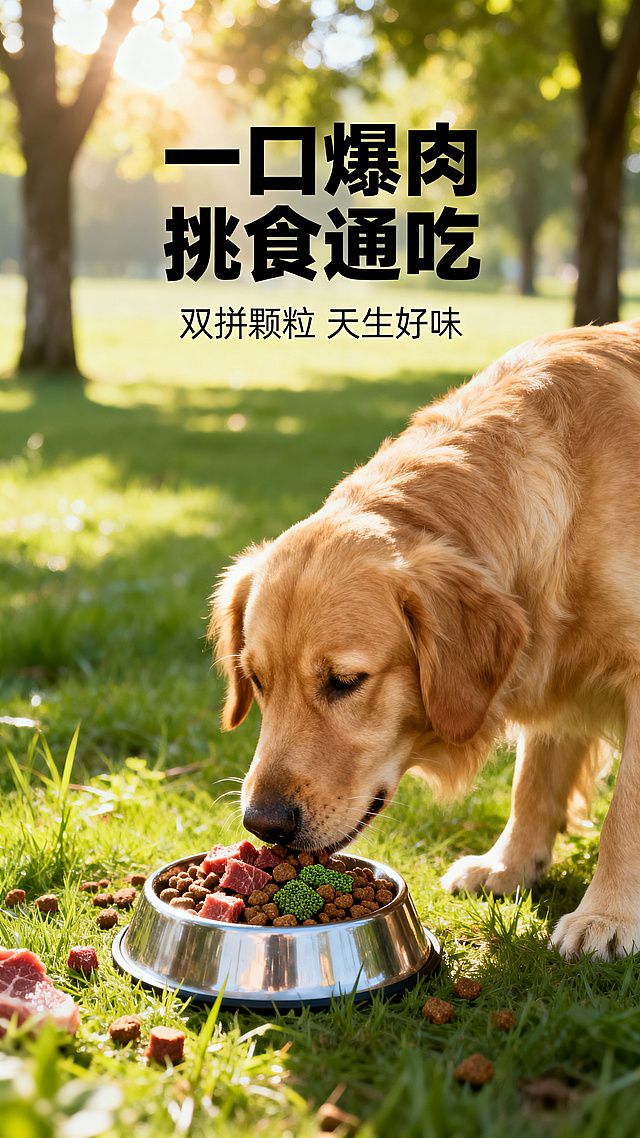 主文案居中放大，字体为思源黑体粗黑，文字内容"一口爆肉 挑食通吃"，副文案在主文案下方，字体为思源黑体纤细，文字内容"双拼颗粒 天生好味"，副文案颜色比主文案浅一度，整体文案位于画面上方三分之一处。画面中心是一只健康活泼的金毛犬正在户外草地上享用犬粮，阳光透过树叶洒下斑驳光影，犬粮碗清晰可见，里面有牛肉颗粒和螺旋藻颗粒。背景是柔和的绿色草地和几棵树木，营造清新自然的氛围。构图采用中心构图，突出狗狗和食物。高清8K分辨率，狗狗毛发纹理清晰，犬粮颗粒质感真实，背景虚化自然，色彩饱和度适中，充满生机。