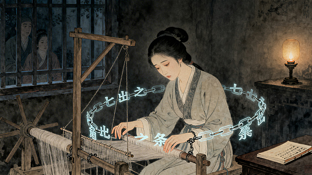 汉代女子刘兰芝在织布机前低头劳作，手指纤细面容疲惫，周围环绕半透明的七出之条文字锁链，窗外有冷漠的家族身影，室内昏暗仅有一盏油灯，桌上放着休书，画面突出女性的压抑与束缚，工笔人物画风格，色调偏暗