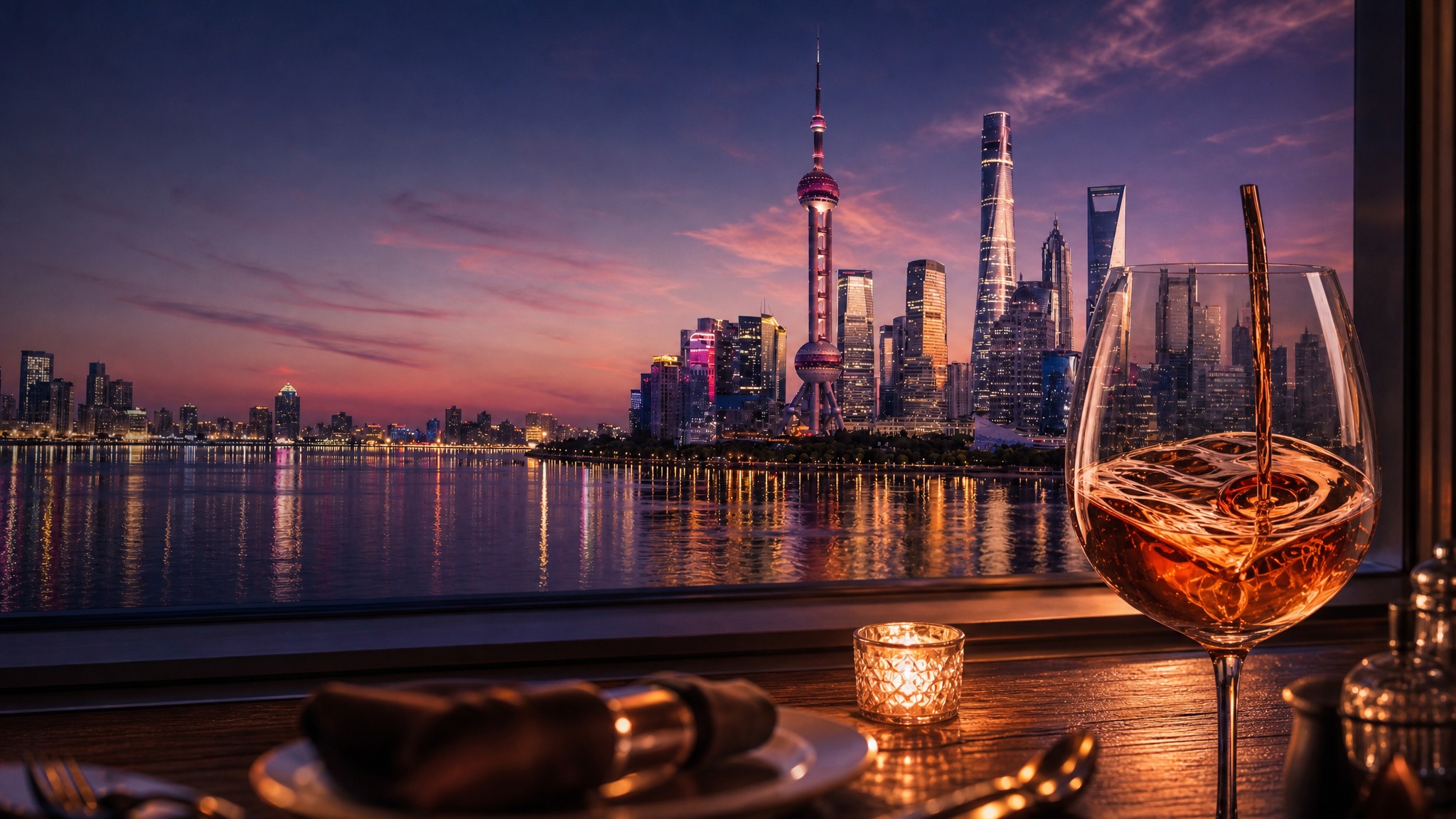 基于图1的上海外滩夜景和红酒杯融合图，增强红酒杯的存在感和清晰… - 图片创意预览