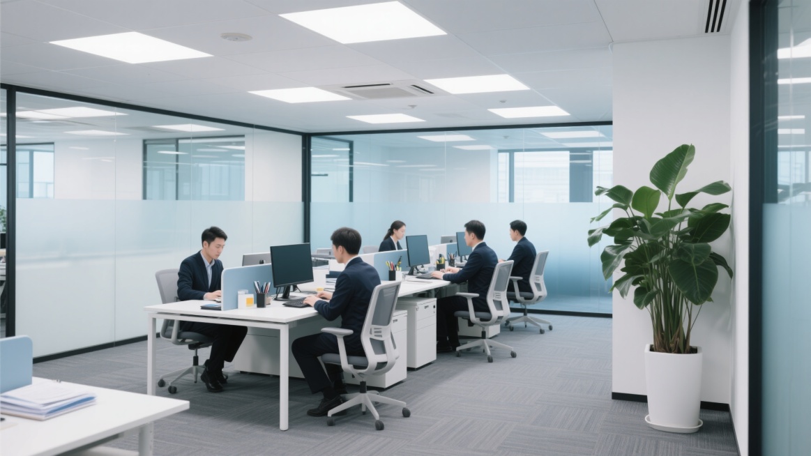 明亮现代的开放式办公室，专业商务人士正在办公桌前专注工作，配备电脑、办公文具和文件，玻璃隔断墙划分空间，白色天花板嵌入方形LED平板灯提供充足照明，灰色地毯地面，角落摆放大型绿植增添生机，整体色调以白色、灰色和蓝色为主，呈现简洁高效、专业有序的职场氛围，不同环境和角度下的办公室背景，光线明亮柔和，空间通透，办公家具现代简约，员工穿着统一深色工装，展现团队协作的工作场景。预览效果