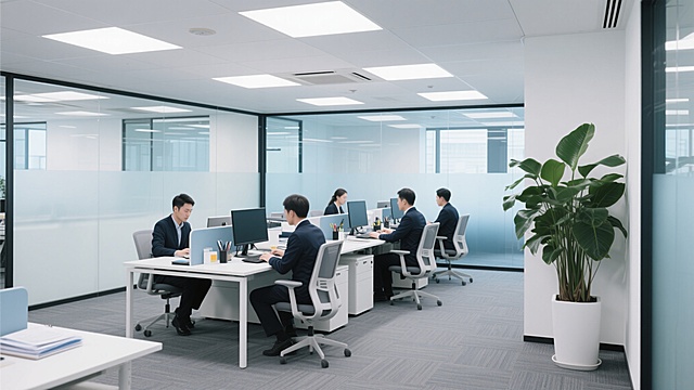 明亮现代的开放式办公室，专业商务人士正在办公桌前专注工作，配备电脑、办公文具和文件，玻璃隔断墙划分空间，白色天花板嵌入方形LED平板灯提供充足照明，灰色地毯地面，角落摆放大型绿植增添生机，整体色调以白色、灰色和蓝色为主，呈现简洁高效、专业有序的职场氛围，不同环境和角度下的办公室背景，光线明亮柔和，空间通透，办公家具现代简约，员工穿着统一深色工装，展现团队协作的工作场景。