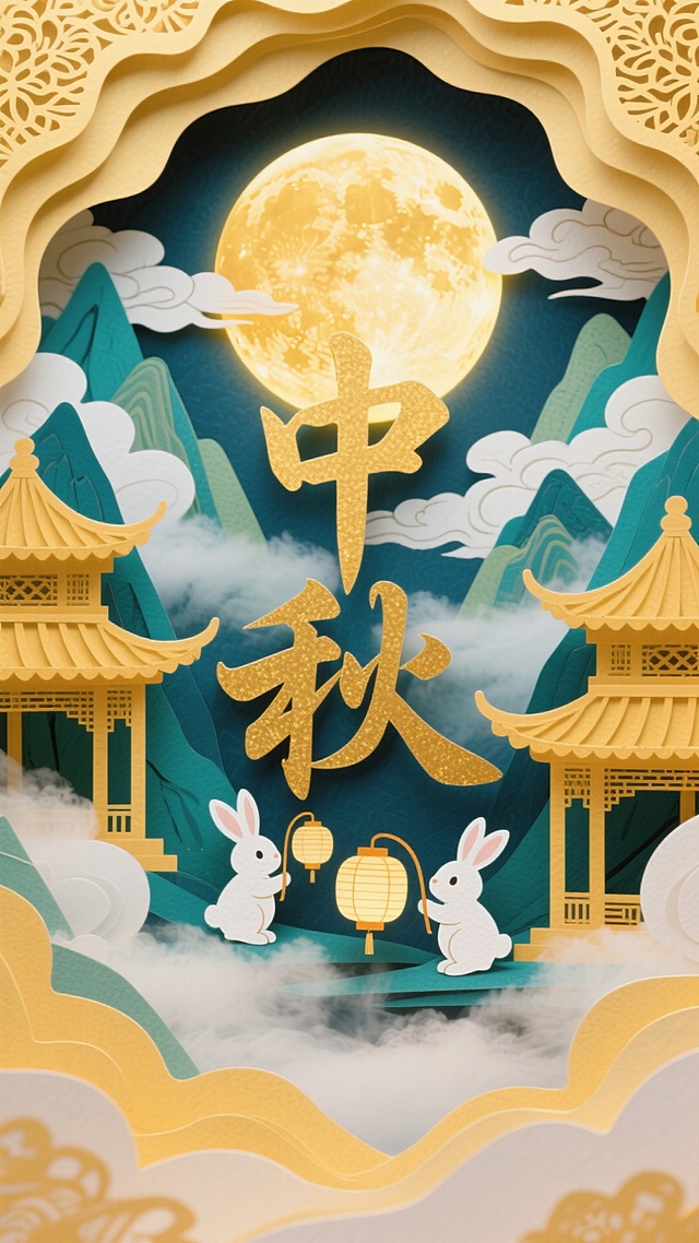 超现实艺术。以 “中秋” 二字为主视觉核心造型，融入中式古典建筑元素，还有三只手持灯笼的可爱白兔；场景设定：在云雾缭绕的山间，上方悬挂着一轮明亮圆月，周围有中式亭台楼阁等建筑，背景是山峦与云朵；色彩色调：整体为暖金色调，圆月、建筑、“中秋” 字体等都带有暖金色，白兔为白色，云雾呈浅白色，营造出温馨华丽的中秋氛围；光影光线：柔和的暖光从圆月方向散发，照亮 “中秋” 字体、建筑、白兔和云雾，光线朦胧且富有层次感，增强画面的梦幻感；构图视角：正面视角，将 “中秋” 字体、白兔、圆月、山间建筑和云雾等元素有序纳入画面，呈现出对称且富有层次的构图；附加细节：云雾细腻有质感，建筑带有精致的花纹，还有发光的小元素点缀，增添画面的丰富度与节日氛围。