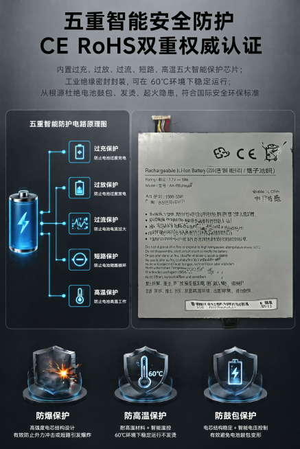 [第5屏] 核心卖点多重安全防护双国际权威认证AA-PBUN4KP笔记本替换电池。保持电池认证标签细节与输入产品图一致，不得模糊失真。左侧电池内置保护电路原理图标注五重智能防护路径，右侧放大展示产品认预览效果