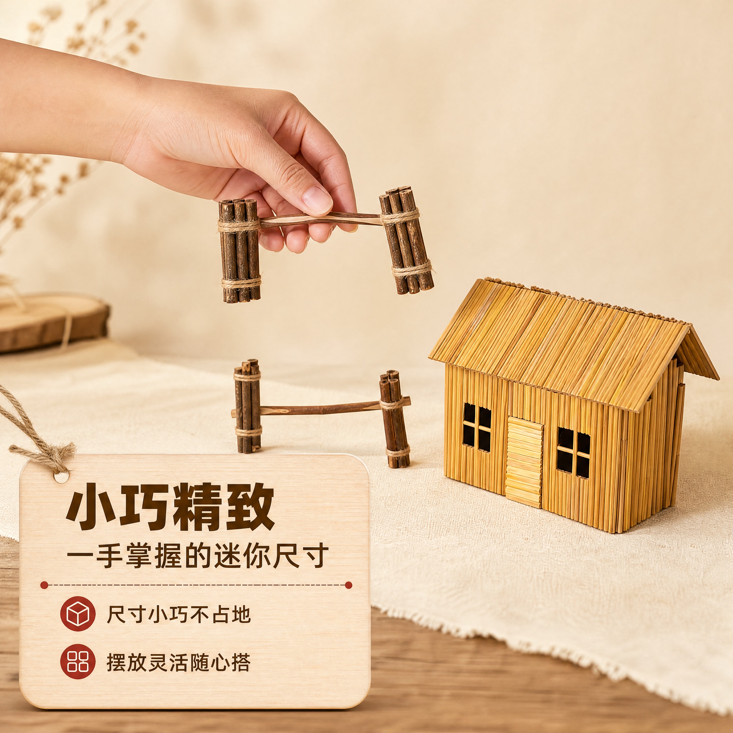 [商品] 使用【图2】迷你木屋与手持柴捆扁担；保留木屋造型、柴… - 图片创意预览