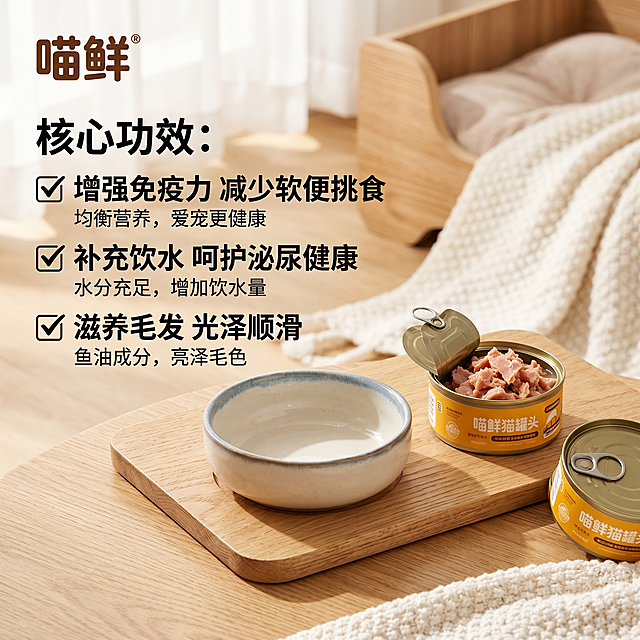 温暖日系风格，轻拟物设计融合柔软面料质感，营造温馨舒适氛围，实景呈现猫咪餐食场景，传递健康安心的喂养体验。