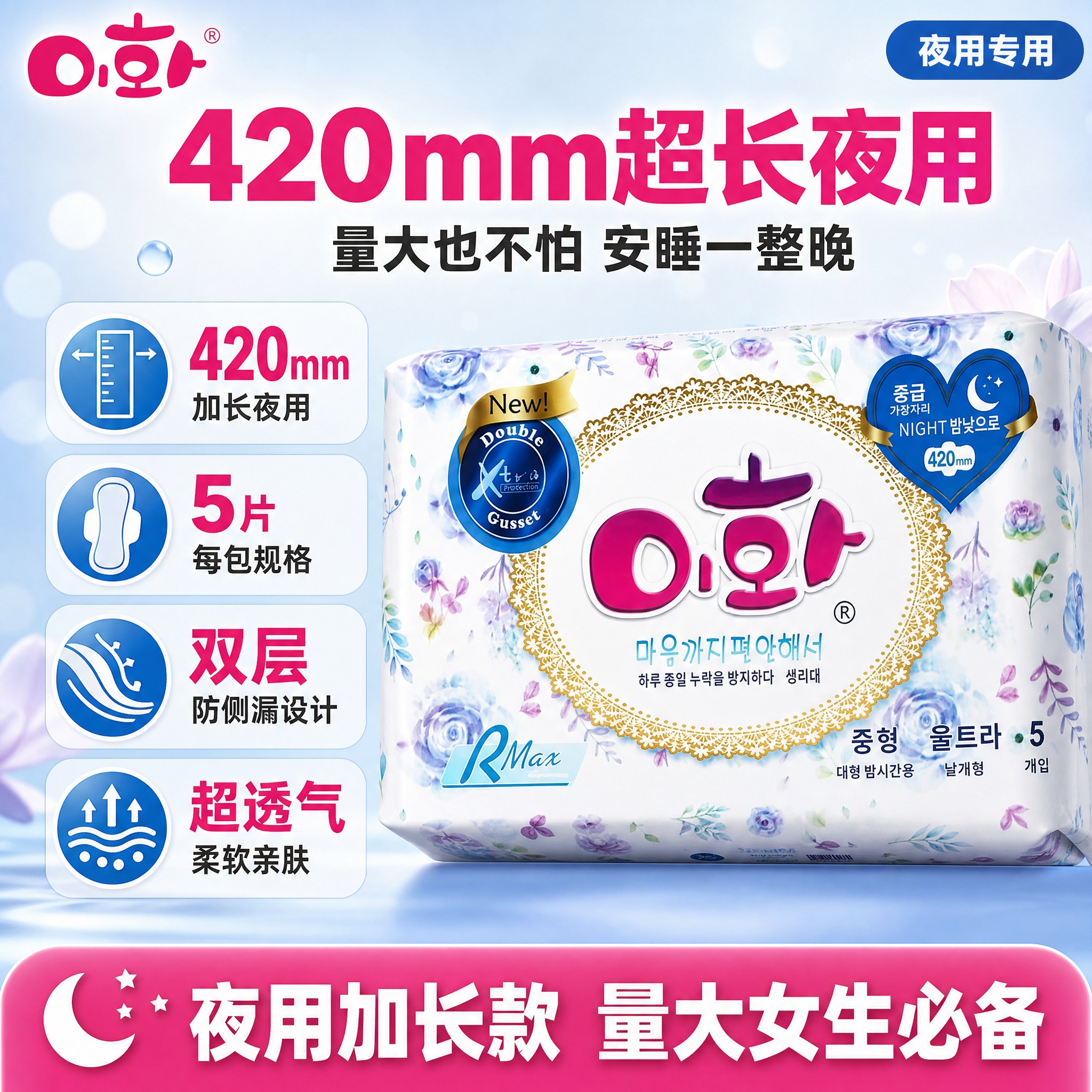 [单张主图] 夜用卫生巾420mm加长款产品规格图，拼多多爆款… - 图片创意预览