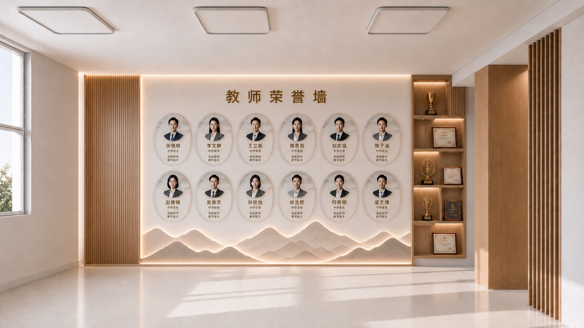 参考第二张图，将底部改成山造型，去掉标语，改为12个教师展示区，排列方式为上六下六，每个展示区用水墨圆图案造型，内部放置教师头像和简介，让水墨圆造型和整体背景更协调，保持新中式简约风格和原图一致预览效果