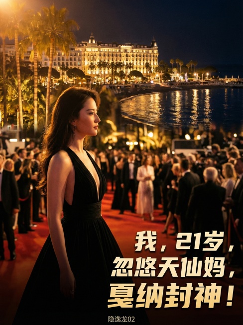将人物改为左侧脸美女，身着黑色深V长裙，站在戛纳红毯上，身后是夜晚的戛纳海边，有棕榈树、灯光璀璨的电影宫、海面倒影，人群虚化，整体暖金色调，人物稍微打亮。封面右下角竖排右对齐三行白色粗黑体字，带一点点预览效果