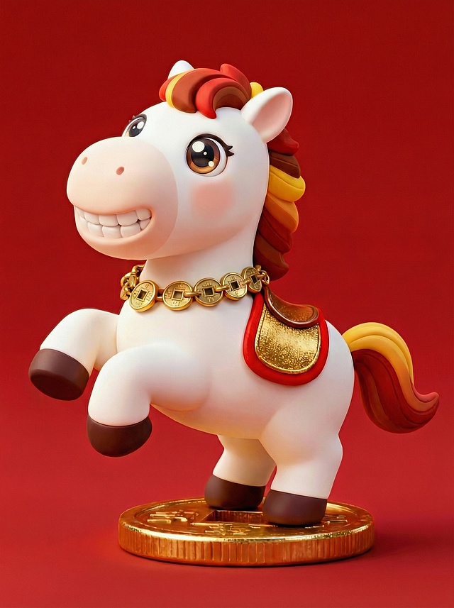 软3D风格的卡通小马，拟人化设计搭配鎏金配饰，喜庆红底衬托可爱感，塑料质感呈现节日氛围。