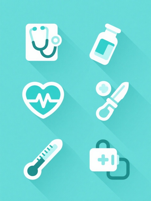 一组6个完全不同医疗健康类目的图标集合，采用简约扁平设计风格，每个图标均有清晰的线条轮廓、简洁的色块填充和轻微的渐变阴影效果，整体画面色彩为清新的蓝绿色调，所有图标规整地排布在纯色背景上，包含听诊器、药瓶、心电图、手术刀、温度计、血压计图标。预览效果