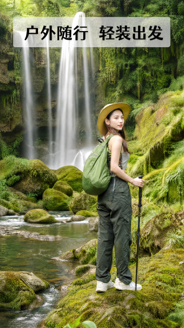 [第6屏] 户外人物使用展示，亚洲女性模特登山场景真实上身效果展示。
[氛围/风格] 真实户外自然场景，清新自然，充满活力，商业户外摄影质感。
[元素布局] 画面主体为亚洲年轻女性模特侧身站立在山间溪预览效果