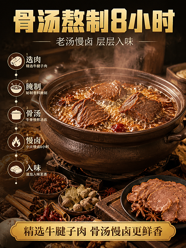 [第3张] 工艺展示-骨汤熬制8小时慢卤工艺。电商详情页，食品饮料类。
[氛围/风格] 传统工艺感+匠心氛围，深棕暖色调，复古质感，商业美食摄影。
[元素布局] 画面中央为一口传统砂锅卤锅，锅内翻滚着浓郁骨汤和大块牛肉，蒸汽升腾，占比约45%；锅周围摆放八角、桂皮、香叶、草果等天然香辛料；左上角有时间轴示意5步工艺；右下角放置成品酱牛肉片做对比；背景为木质厨房台面，有老厨房烟火氛围。
[光影质感] 暖黄色侧光，锅内汤汁有高光反光，蒸汽柔和朦胧，木材质感温暖。
[配色色系] 全局底色 #3A2618 深棕色；主色卤汤红棕 #994422；辅助色金色 #D4A853、木色、香料本色。
[视角构图] 45°斜侧视，卤锅为视觉中心。
[文字版式] 顶部居中主标题"骨汤熬制8小时"，金色粗黑体带轻微立体感；副标题"老汤慢卤 层层入味"，浅棕色细黑体；左侧竖向时间轴5步：选肉、腌制、骨汤、慢卤、入味，每步圆形icon+文字，白字棕底；底部金色横条说明"精选牛腱子肉 骨汤慢卤更鲜香"。
[比例分辨率] 3:4竖版比例，2K分辨率，文字清晰可辨，高清画质。
[负向提示词] 画面模糊，文字错乱，水印，颜色偏差，卤锅变形，牛肉不真实。