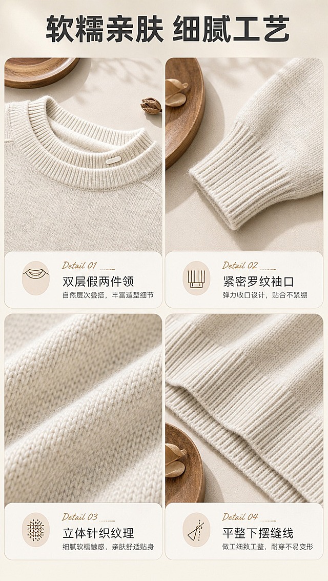 [商品] 使用【图1】燕麦米白色假两件圆领针织毛衣；商品处理：保留圆领、假两件双层领口、落肩袖、罗纹下摆与袖口、整体宽松版型、燕麦米白颜色和针织面料；自然去除衣身杂乱褶皱，理顺垂坠，增强针织纹理、缝线和罗纹收口质感，不改变版型、颜色和结构。
[画面] 目标为面料工艺细节页，微距展示针织质感与工艺细节；竖版构图，2×2宫格布局，分别展示：领口假两件双层细节、袖口罗纹收口、针织纹理微距、下摆罗纹与缝线工艺；每格配短标签，背景为浅米色哑光台面，搭配木质小道具和暖光，突出面料柔软细腻。
[视觉] 套系策略：风格=韩系轻熟通勤高级商业摄影；标题字=现代简约无衬线粗体；正文字=纤细无衬线体；主色=燕麦米白；背景延展=基于燕麦米白做深浅层级、同色渐变和细腻织物/哑光纸张质感；强调色=焦糖棕，仅用于小面积图标、引线和标签；标题色=深炭灰；正文色=中暖灰；组件=圆角浅底信息卡、细线引线、手写英文小标签；光影=左前侧暖柔自然光，柔和阴影。
[文字] 顶部主标题「软糯亲肤 细腻工艺」，宫格每格下方对应短文案：双层假两件领 / 紧密罗纹袖口 / 立体针织纹理 / 平整下摆缝线；文字横向排版，字号适中手机端清晰可读。
[规格] 图片比例9:16竖版，4K分辨率，淘宝/天猫详情页风格，中文文案；避免变形、错字、文字过小、冷蓝背景、毛衣颜色改变、版型失真、极限词。