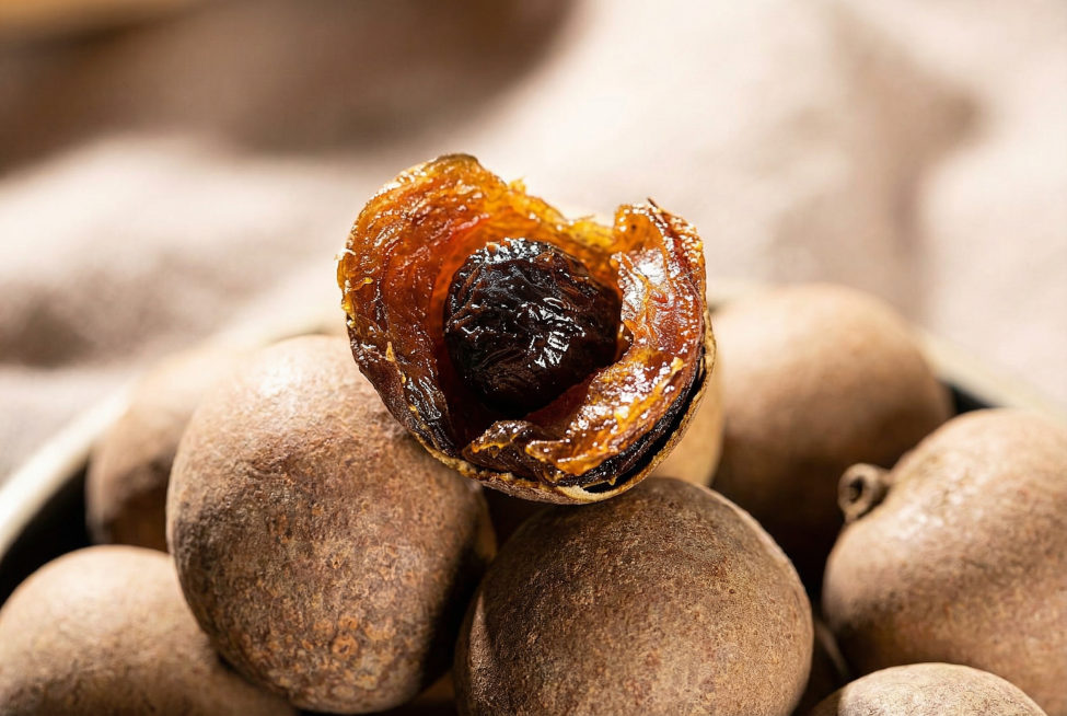 最上面扒开一半的桂圆干，做一个特写图片，要求画面光线要明亮，唯美预览效果