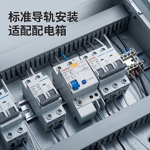 [垫图] https://gdesign-dam-hz.dancf.com/35884794888309797/068918c8fe59452babfaacc3f7342aa9.jpg
[主图主题] 漏电断路器安装场景展示
[氛围/风格] 真实工业配电场景，严谨实用
[画面元素] 漏电断路器已经安装在灰色家用配电箱内部，与其他配电元件整齐排列在配电箱导轨上，背景为打开的配电箱内壁，展示真实安装使用状态，光线均匀硬朗，金属质感真实，画面自然不杂乱，主体产品突出
[配色色系] 主色调：配电箱灰，金属银色，产品蓝白灰；整体色调干净冷硬，符合工业风格
[视角构图] 略微俯视拍摄安装实景，主体产品位于画面视觉中心，景深适中
[文字版式] 左上角标题 " 标准导轨安装
适配配电箱 "，粗黑体深灰色，文字悬浮于画面左上角背景留白处，不遮挡产品，整体简洁专业。