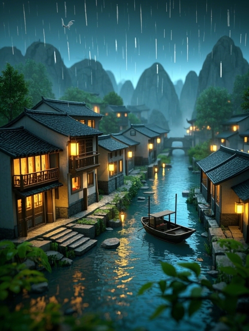 一个向左流淌小河，右边是平房，左边是雾气的水面，只有一只货船在水中，远眺图，一望无际预览效果