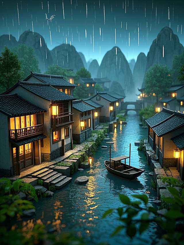 古典中式插画风，水墨渲染梦幻静谧夜景，灯火映照古巷，雨落如诗。