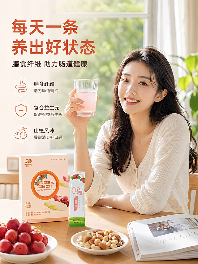 [详情页-5] 模特生活方式：展示年轻女性日常饮用益生元的健康生活状态。
[商品] 使用【图1】产品包装盒与【图4】条装小袋；保留包装外观、Logo与文字。
[画面] 页面目标=模特生活方式展示，单场景沉浸型。一位年轻亚洲女性（25-30岁，健康自然，淡妆）坐在明亮的居家餐桌旁，面带微笑，右手举起一杯冲好的浅粉色益生元饮品，左手边放着打开的产品包装盒和一条撕开的小袋。桌上有新鲜山楂、一小碟坚果、一本杂志。背景是大窗户，自然光柔和洒入，窗外是虚化的绿植。整体氛围轻松、健康、有生活质感。产品包装与饮品清晰可见。
[视觉] 套系策略：风格=清透健康的食品保健商业摄影风；标题字=现代无衬线粗体；正文字=简洁无衬线体；主色=浅暖杏白；背景延展=基于浅暖杏白做深浅渐变与细腻柔光质感；强调色=暖橙红+山楂红，仅用于标题、图标与小面积标签；标题色=暖橙红；正文色=深暖灰；组件=圆角浅底信息卡、细线引线、圆形营养图标；光影=左前侧自然暖柔光，通透干净。
[文字] 画面左上留白处主标题「每天一条 养出好状态」（暖橙红粗体）；副标题「膳食纤维 助力肠道健康」（深暖灰）。文字不遮挡人物面部与产品主体。
[规格] 比例3:4竖版，4K分辨率，人物自然无畸形，场景真实，产品清晰，避免变形、错字、模糊、水印、平台Logo、病症前后对比、医疗化承诺。