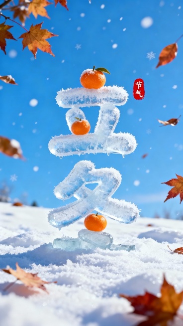 画面中央是冰霜圆润可爱字体形成”立冬” 二字，字体上可以有小小的橘子元素点缀。背景是一片晴朗的蓝天，画面中有白雪和枫叶。立冬字旁“红色小印章”节气“点缀，整体画面色彩明亮预览效果