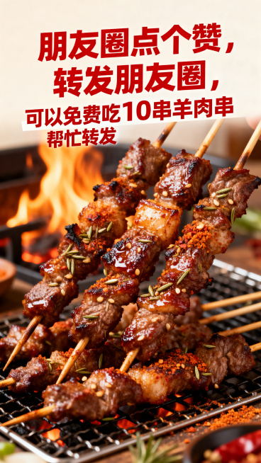 美食促销海报，文案："朋友圈点个赞，转发朋友圈，可以免费吃10串羊肉串，帮忙转发"，烤羊肉串配图，红色喜庆风格，竖版适合手机朋友圈，文字清晰突出优惠信息，构图饱满有食欲预览效果