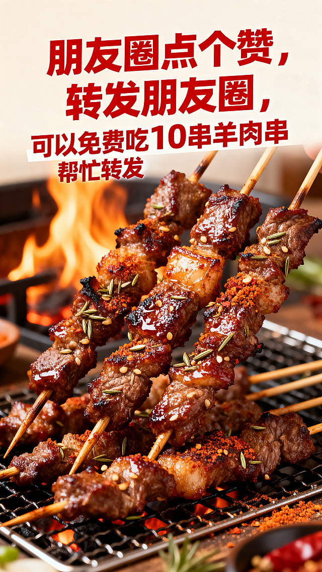 美食促销海报，文案："朋友圈点个赞，转发朋友圈，可以免费吃10串羊肉串，帮忙转发"，烤羊肉串配图，红色喜庆风格，竖版适合手机朋友圈，文字清晰突出优惠信息，构图饱满有食欲