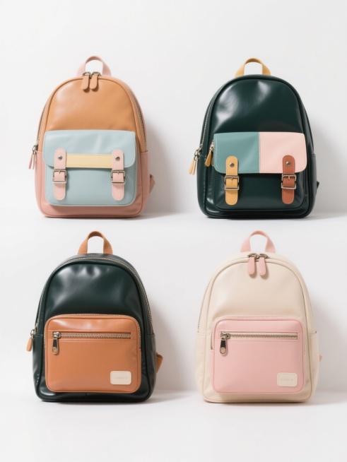 4个不同配色、不同样式的书包，白色背景，排列整齐，每个书包都有独特的颜色搭配和设计细节，呈现出时尚可爱的风格，书包的材质看起来是光滑的皮质，带有精致的拉链和扣具，整体画面简洁干净，突出书包的设计感和美观度。预览效果
