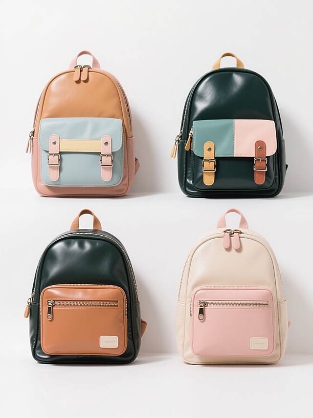 4个不同配色、不同样式的书包，白色背景，排列整齐，每个书包都有独特的颜色搭配和设计细节，呈现出时尚可爱的风格，书包的材质看起来是光滑的皮质，带有精致的拉链和扣具，整体画面简洁干净，突出书包的设计感和美观度。