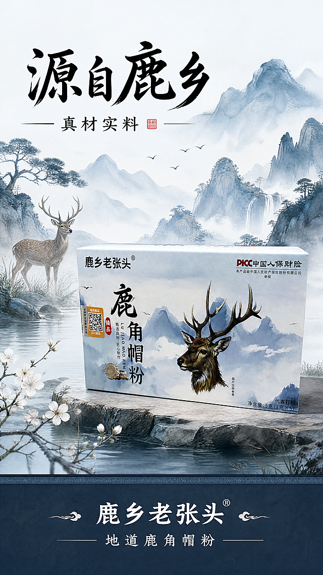 [第1屏] 详情页头图-鹿角帽粉主视觉海报。本屏使用【图1】作为商品主体，保持鹿角帽粉包装盒的物理结构、包装文字、配色和整体外观与输入产品图一致。
[氛围/风格] 自然山水国风，水墨蓝绿色调，传统中药养生健康风格，高清商业摄影质感，自然清新。
[元素布局] 鹿角帽粉包装盒放置在画面偏右下区域，占据画面60%-70%主体大小，保持包装盒原有结构和文字准确清晰。背景为水墨山水风格，远处有层叠青山，山间云雾缭绕，左侧绘制一只写意梅花鹿，整体营造鹿乡原生自然氛围。主体包装盒下方保留信息条区域放置主副标题，不遮挡产品主体。
[光影质感] 柔和自然侧光，产品边缘清晰，包装盒立体感强，背景水墨过渡自然，整体光影通透，对比适中。
[配色色系] 全局底色：#F5F8F9（浅青灰）；主体配色：延续原包装盒浅蓝水墨 + 深棕鹿头 + 黑色文字；辅助色：#5A7D9A（远山蓝）+ #8B4513（鹿头棕）。
[视角构图] 正面平视构图，包装盒居中偏右下，左上区域留给梅花鹿和山水背景，底部预留文案区域，阅读动线从上到下自然流畅。
[文字版式] 左上角主标题 "源自鹿乡"，下方副标题 "真材实料"，黑色书法字体，字号醒目。底部深色信息条放置品牌名称和 slogan： "鹿乡老张头 地道鹿角帽粉"，白色字体。所有文字清晰可读，排版层次分明，不遮挡产品主体。
[比例分辨率] 9:16 竖版，4K分辨率，文字清晰可辨，超高清。
[负向提示词] 包装盒变形，包装文字错乱，颜色偏差，梅花鹿怪异，山水背景杂乱，文字重叠，水印，模糊，缺件错件。