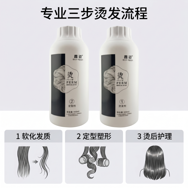 [主图-5] 发廊烫发膏专业使用流程说明图
[氛围风格] 清晰直观，专业实用，简约干净
[画质] 商业摄影，高清清晰，文字可读
[元素] 将鑫姿烫发药水产品放在画面上方居中位置，保持产品外观文字LOG预览效果