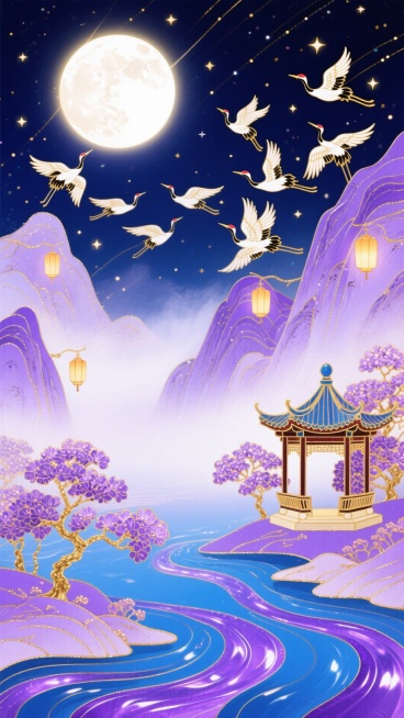 国风仙侠风格，梦幻唯美的插画，夜空下的山水场景，以淡紫色与蓝紫色为主色调，一轮带光晕的新月悬于天际，周围环绕鎏金线条与星点；成群仙鹤（或白色飞鸟）在星空下翩然飞舞，山间错落分布着挂着暖灯的中式亭台，山预览效果