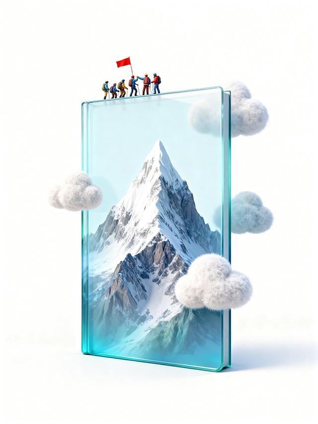 3D艺术，磨砂玻璃质感的书籍效果图，正视图，封面面对屏幕，带书脊厚度。书本中是险峻的雪山，山峰底部不溢出书籍内框，山尖延伸到书的最顶端跑出书的外框一点点，像隐藏在透明的书中间。书的最顶上有一群穿着登山服的小人，正努力把红色旗帜插在山顶。几个大小不一的毛绒质感的3D云朵，有的在书中有的打破书的边界部分飘在书外。书的颜色为蓝绿色渐变色自然过渡，有透明感、透亮，UI设计风格，光线追踪，没有任何文字，干净的白色背景，Dribbble、Pinterest风格，OC渲染器效果，16K分辨率。书籍比例为3:4的长方形，书籍形态正常，山峰底部不溢出书籍外框。