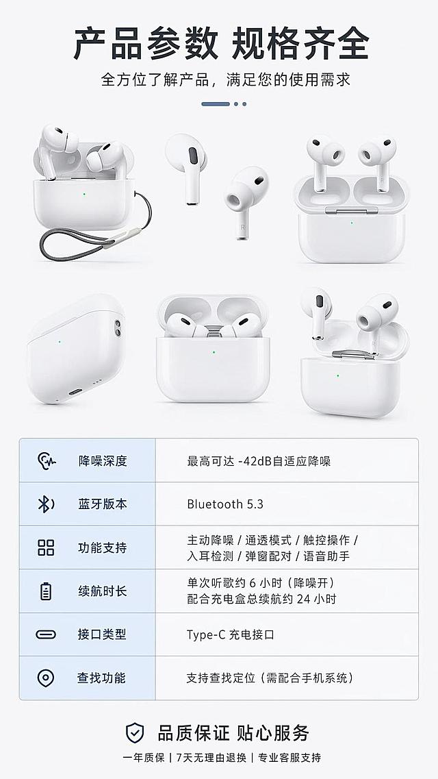 [第8屏] 产品信息-参数与配件全家福，最后一屏收口信息。使用全部6张产品图组合展示配件全家福。
[氛围/风格] 简洁清晰参数风，浅底排版，规整易读。
[元素布局] 上半部分产品全家福，排列耳机充电盒不同角度产品，占画面约50%，下半部分做参数表格，清晰列出核心参数，留白合理，不拥挤。
[光影质感] 产品区域光线均匀，突出每个产品角度的细节，参数表格边框清晰，文字不模糊。
[配色色系] 全局底色 #f8f8f8，产品白色，文字深灰，参数表头浅蓝高亮，表格线浅灰分隔。
[视角构图] 上产品下参数，上下构图，符合手机从上到下阅读动线。
[文字版式] 顶部主标题「产品参数 规格齐全」，参数表包含：降噪深度、蓝牙版本、功能支持、续航时长、接口类型、查找功能，每个参数名称和内容清晰对应，字号适中，手机可读，不遮挡全家福产品。
[比例分辨率] 9:16 竖版比例，4K分辨率，文字清晰可辨，高清画质。
[负向提示词] 产品变形，缺件错件，参数文字错乱，文字过小，水印，平台Logo，颜色偏差