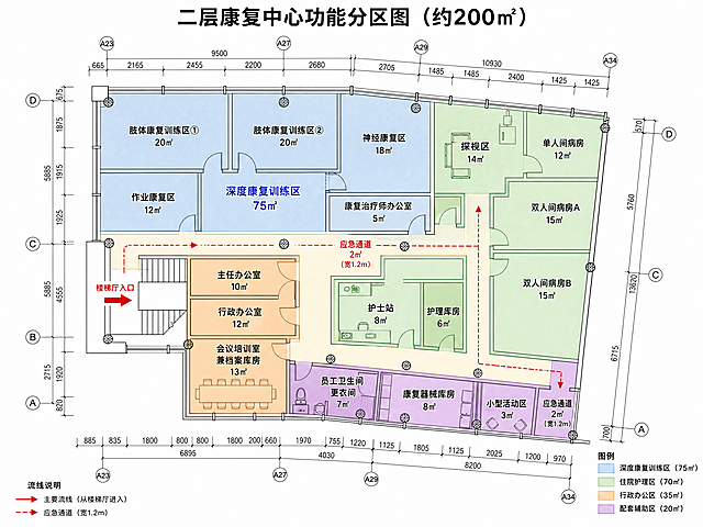 在这张原始建筑平面图基础上，为二层康复中心生成功能分区图，按照以下分区和面积进行划分并标注每个区域名称和面积：1.深度康复训练区75平米，包含肢体康复训练区（重度）40平米（分2个独立训练区域）、神经康复区18平米、作业康复区12平米、康复治疗师办公室5平米；2.住院护理区70平米，包含单人间病房12平米、双人间病房2间各15平米共30平米、护士站8平米、护理库房6平米、探视区14平米；3.行政办公区35平米，包含主任办公室10平米、行政办公室12平米、会议培训室兼档案库房13平米；4.配套辅助区20平米，包含康复器械库房8平米、员工卫生间更衣间7平米、小型活动区3平米、2平米宽1.2米应急通道，整体总面约200平米，保留原有建筑轮廓、楼梯和柱子位置，使用不同颜色区分功能区，清晰标注每个区域名称和面积，专业清晰的平面功能分区图